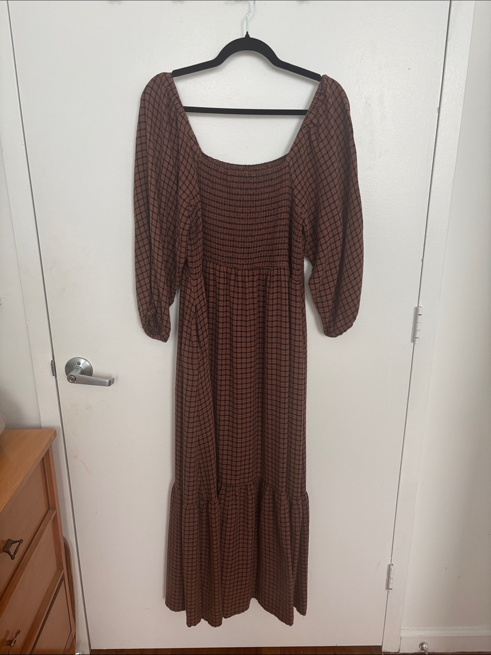 Marine Layer Brown Plaid Long-Sleeve Maxi Dress